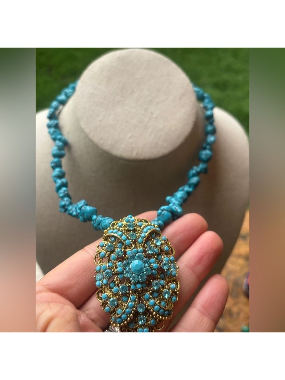 💙 RARE 1928 Designer Turquoise Blue Stone Statement Necklace • Crystal Medallion - Picture 3 of 14